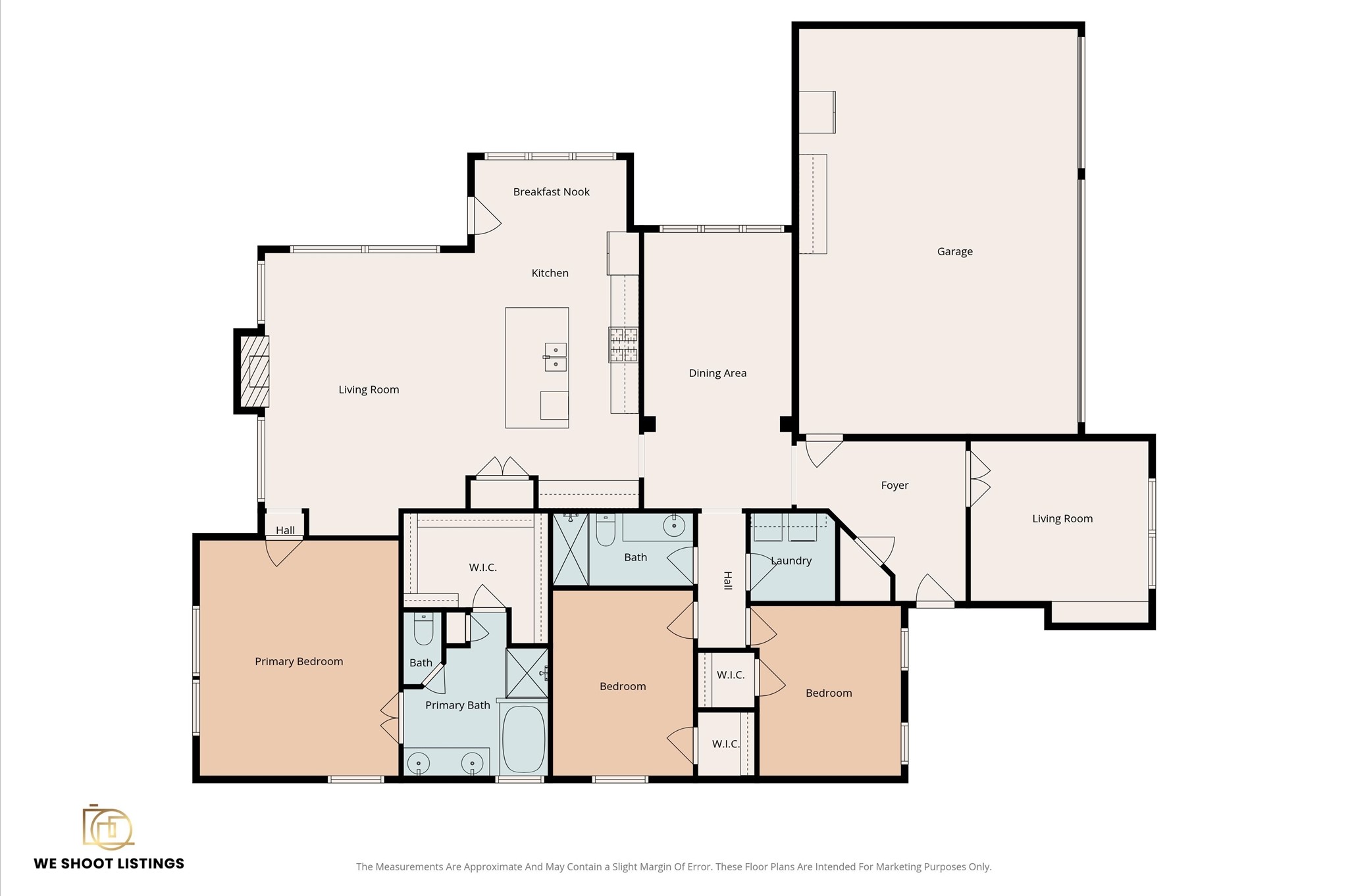 1603 Claytons Bend Court Spring, TX 77386 - Photo 37 of 38 This floor plan features a spacious layout with a primary bedroom with an ensuite bathroom and walk-in closet, two additional bedrooms, and two living rooms. The kitchen includes a breakfast nook and connects to a dining area. There's also a laundry room, a second bath, and a large garage.