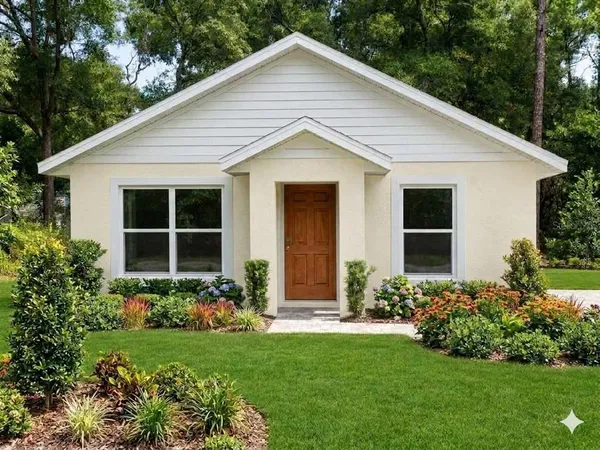 a view of a house with garden and yard