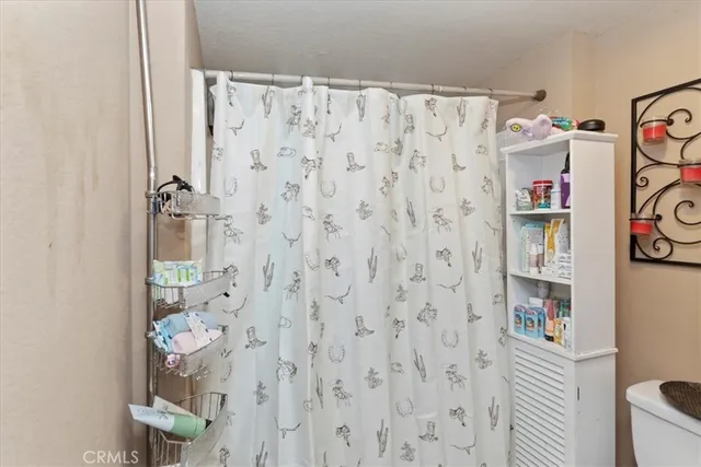 a bathroom with a shower curtain and a curtain