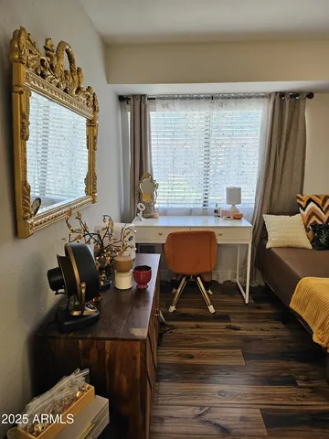 a view of a dining room with furniture