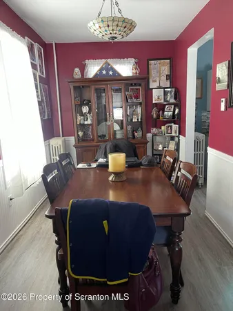 a view of a dining room with furniture