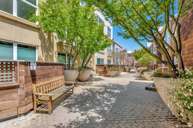 a view of a patio with plants and trees