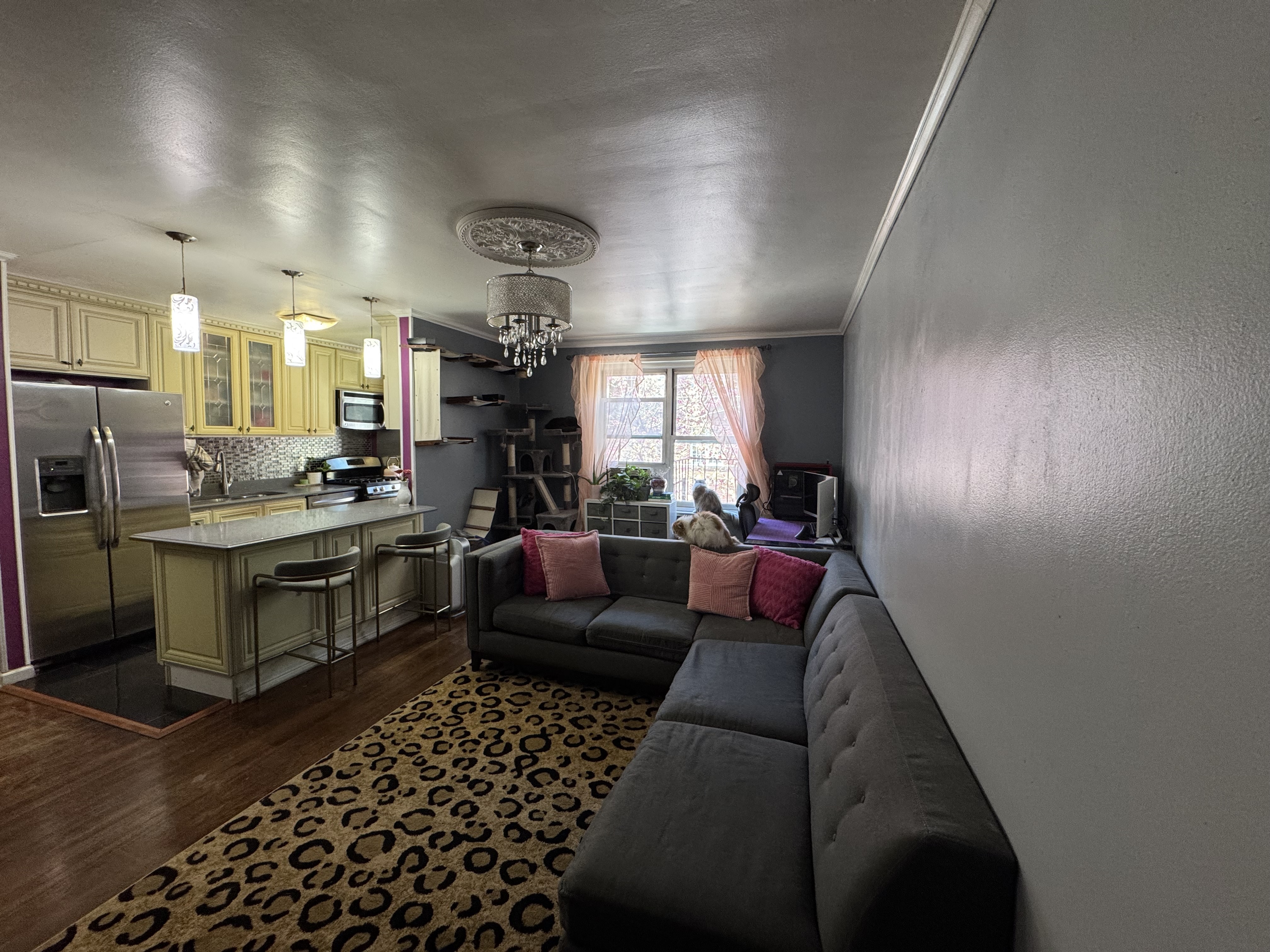 Undisclosed Address Queens, NY 11372 - Photo 7 of 9 a living room with furniture a rug kitchen view and a chandelier