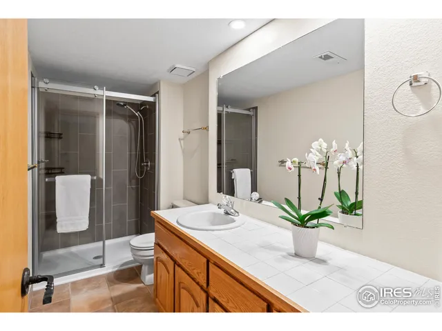 a bathroom with a sink a mirror and a shower