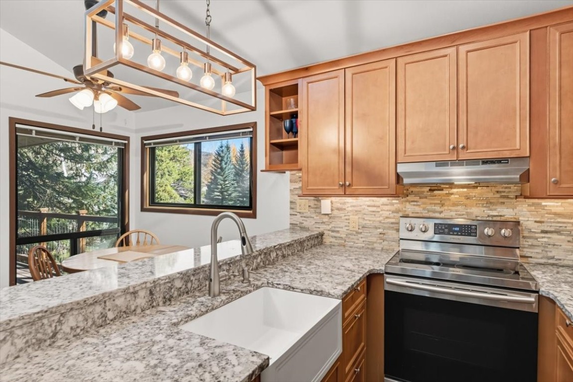1937 Soda Ridge Road, Unit 1159 Keystone, CO 80435 - Photo 4 of 29 a kitchen with stainless steel appliances granite countertop a sink a stove and cabinets