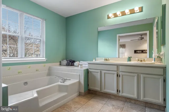 a bathroom with a tub sink and mirror