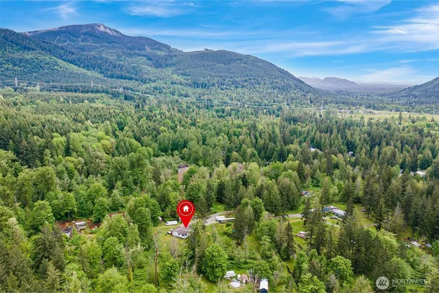 a view of a lush green hillside and a houses