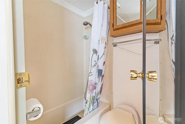 a bathroom with a shower and a toilet