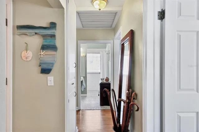 a view of a hallway with wooden floor and a closet