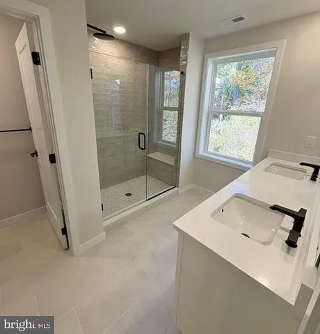 a bathroom with a sink a mirror and a shower
