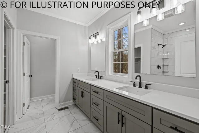 a spacious bathroom with a double vanity sink mirror and