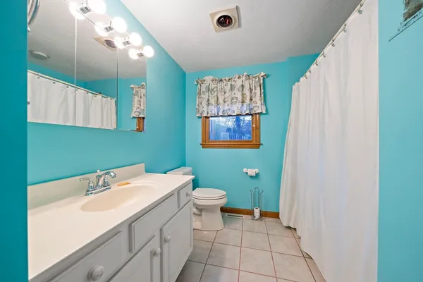 a bathroom with a sink a toilet and a mirror