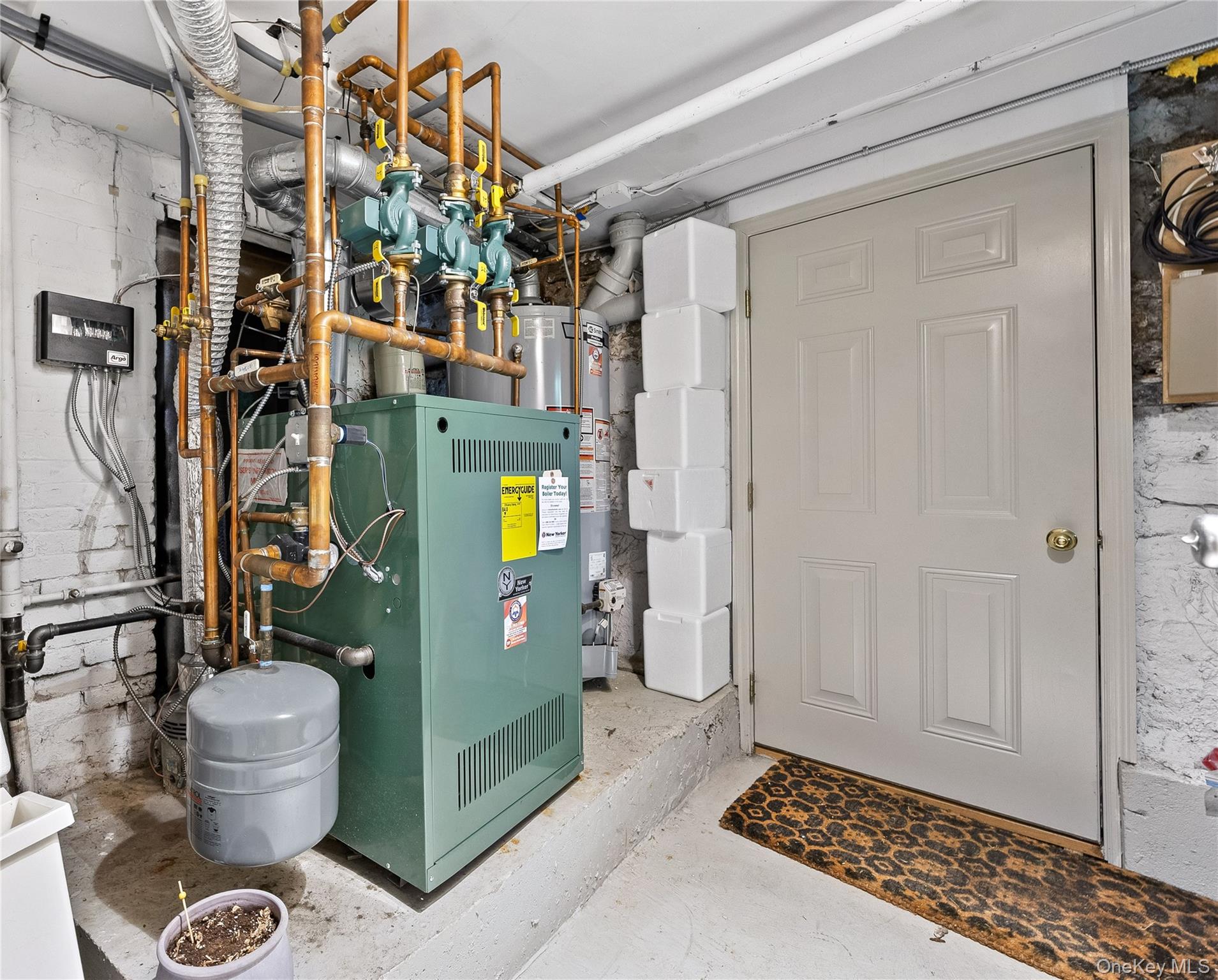 19 Howe Place Bronxville, NY 10708 - Photo 36 of 37 Utility room featuring a modern boiler system with copper piping, an adjacent water heater, and a paneled interior door with a brass-finish doorknob