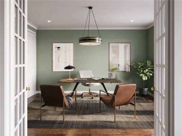 a dining room with furniture and window