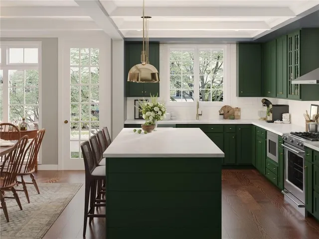 a kitchen with a table chairs sink and cabinets