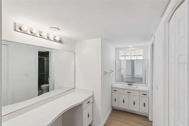 a bathroom with a sink vanity and a mirror