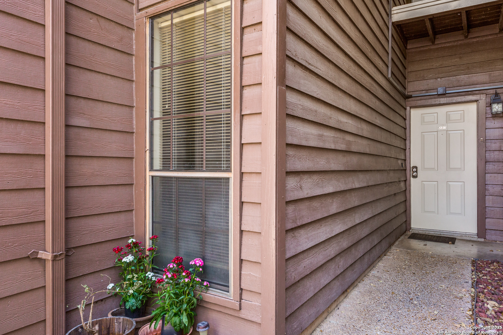a view of a house with a potted plant and stairs