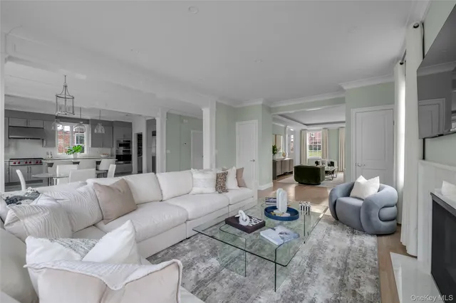 a living room with furniture couches and a dining table with wooden floor