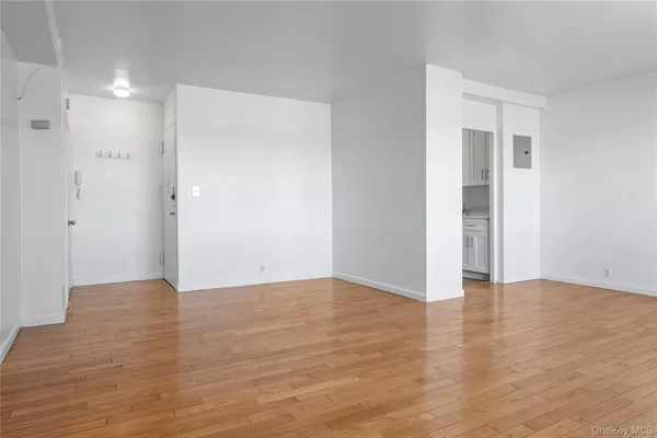 a view of an empty room with wooden floor and closet