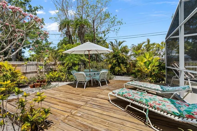 a garden view with a seating space