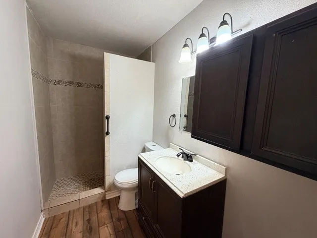 a bathroom with a sink a toilet and shower