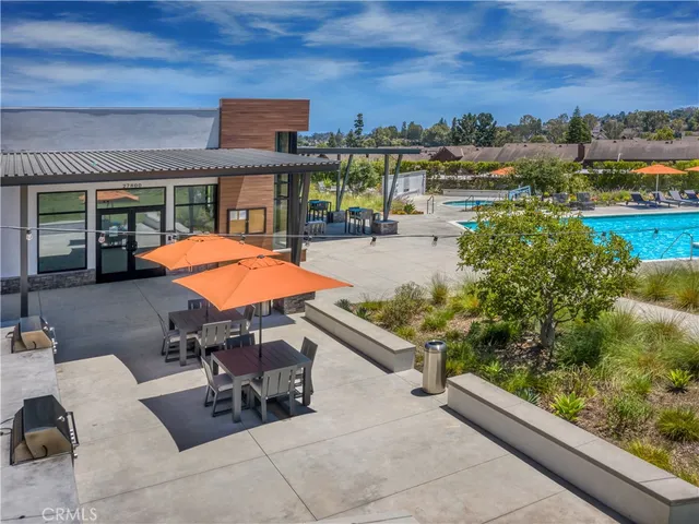 an outdoor space with seating