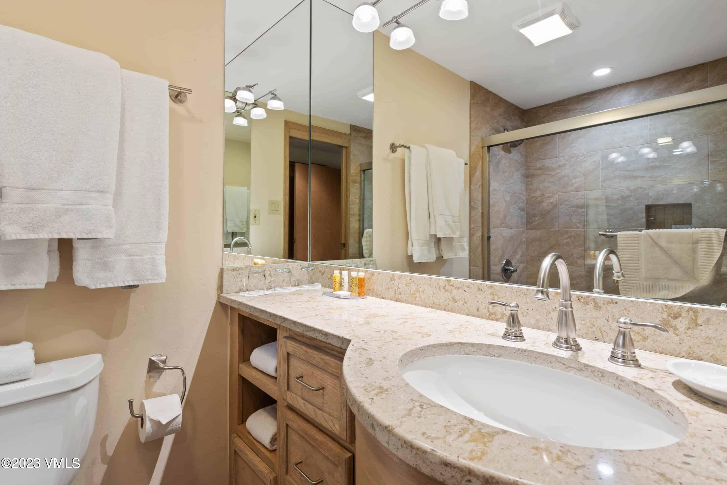 200 Vail Road, Unit 287 Vail, CO 81657 - Photo 19 of 21 a bathroom with a granite countertop sink a toilet and a mirror