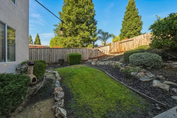 a view of a backyard with plants and a fence