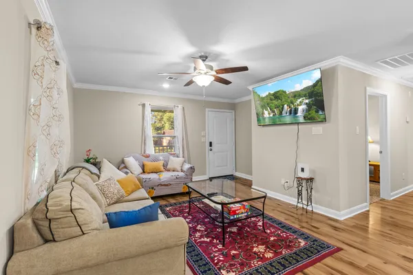 a living room with furniture and a rug