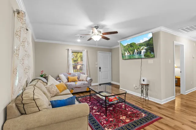 a living room with furniture and a rug
