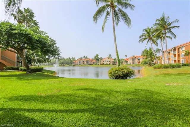 a view of a lake with a big yard and palm trees