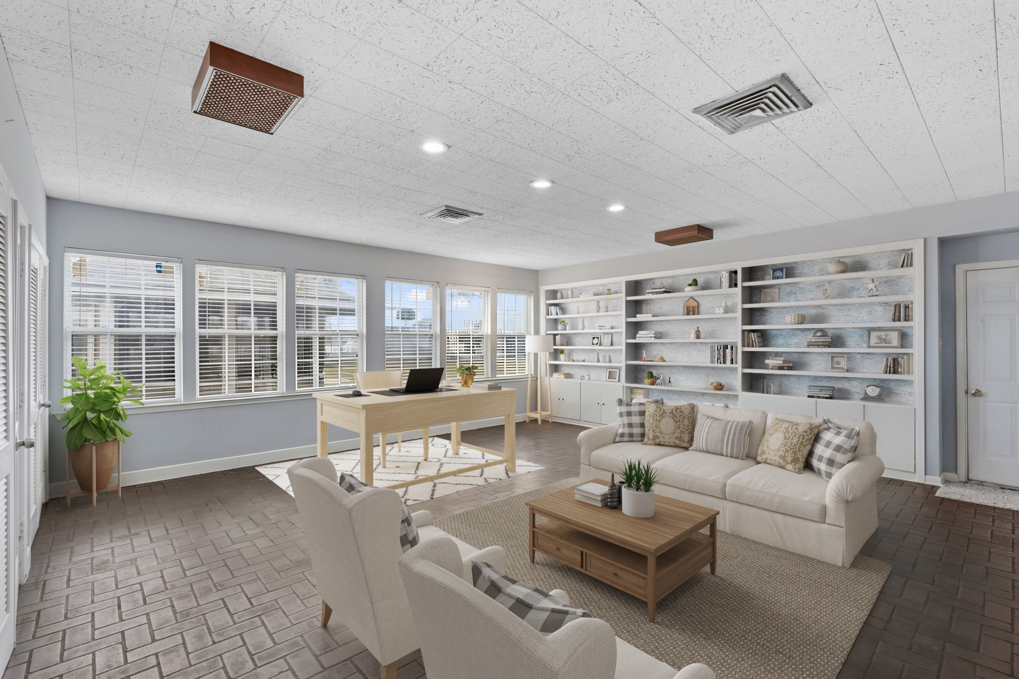 2935 West Fm 1462 Rosharon, TX 77583 - Photo 19 of 50 Virtually Staged: This bright and versatile ranch living space offers the perfect blend of comfort and function, ideal for both relaxing and working from home. Sunlight pours in through a wall of windows, creating an airy, open feel while maintaining a strong connection to the surrounding land. Built-in shelving provides ample storage and display space, adding character and practicality.