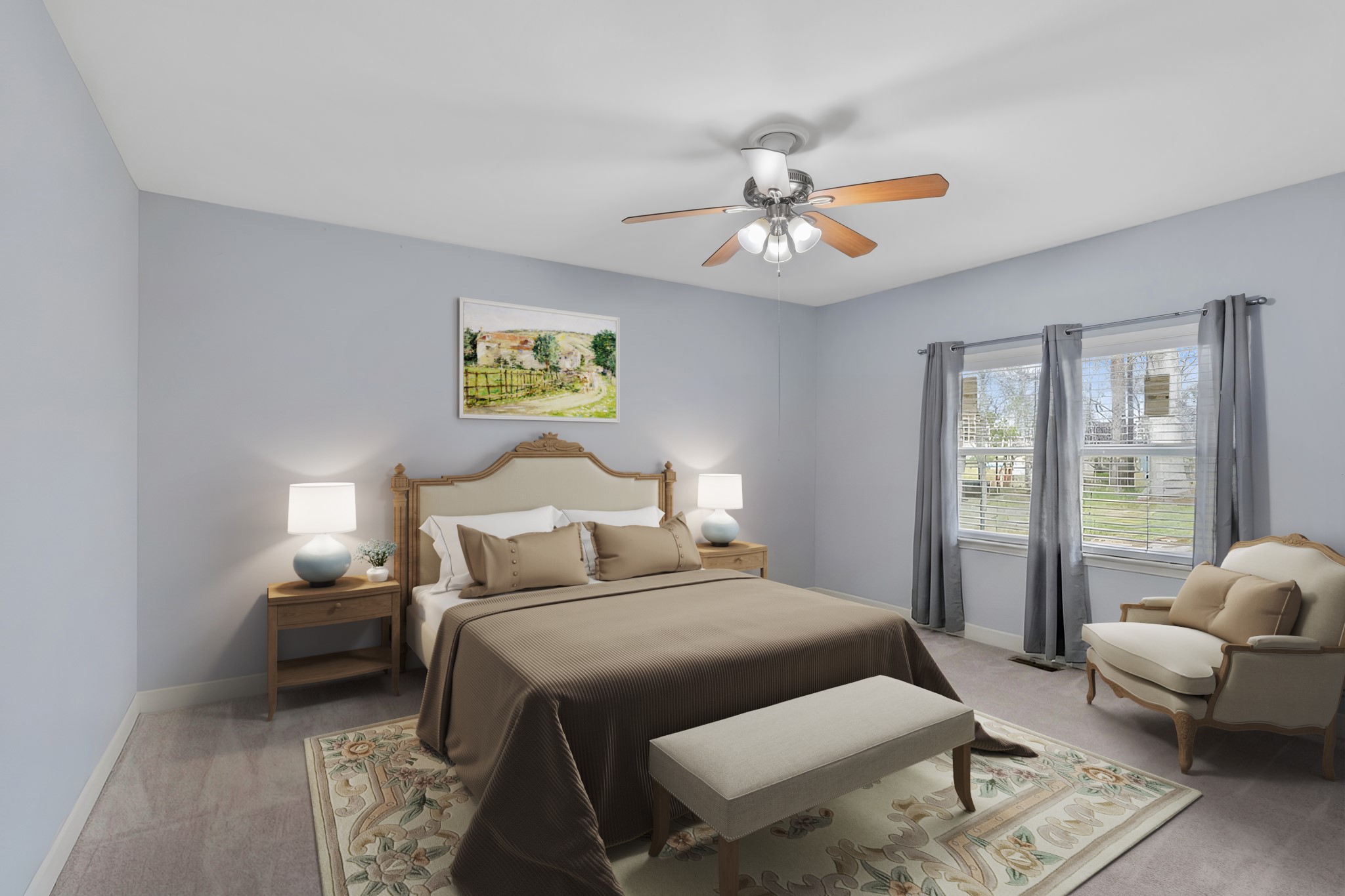 2935 West Fm 1462 Rosharon, TX 77583 - Photo 28 of 50 Virtually Staged: This inviting secondary bedroom offers a comfortable, easygoing retreat that fits perfectly with ranch-style living. Soft neutral walls and a ceiling fan keep the space cool and relaxed, while natural light from the window brings in peaceful views of the surrounding property. Designed for comfort and simplicity, this bedroom is ideal for guests or family and reflects the calm, unhurried rhythm of ranch life.