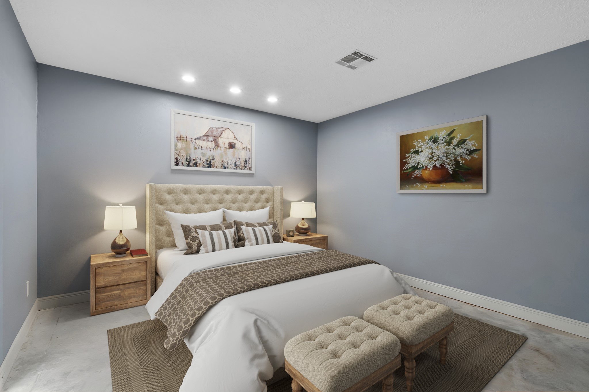 2935 West Fm 1462 Rosharon, TX 77583 - Photo 36 of 50 Virtually Staged: This bedroom feels calm, polished, and quietly elegant. Soft gray walls and recessed lighting create a soothing, and modern backdrop.