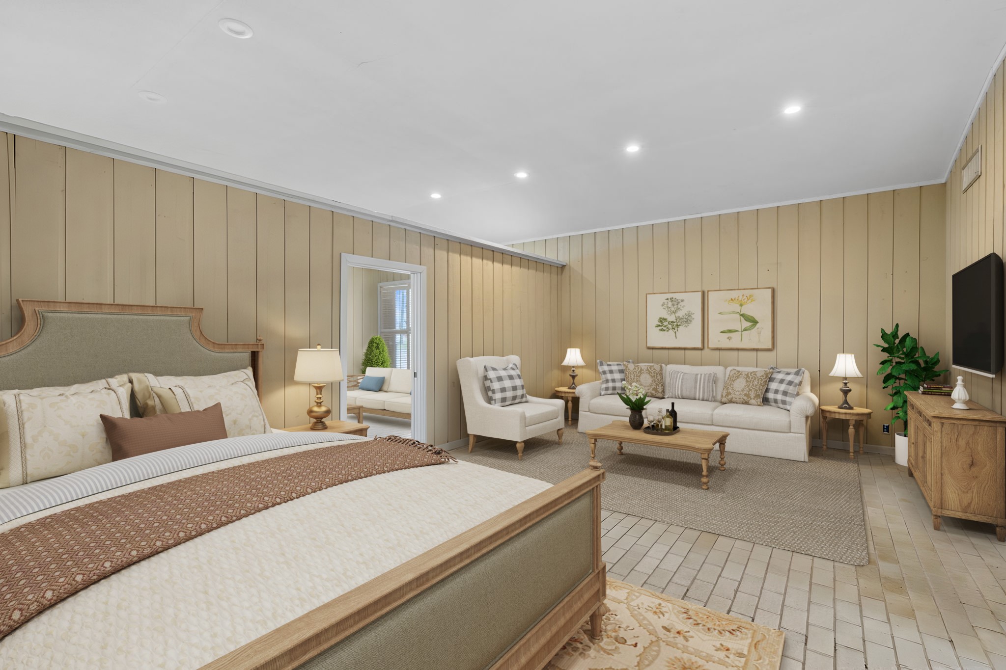 2935 West Fm 1462 Rosharon, TX 77583 - Photo 43 of 50 Virtually Staged: This inviting pool house bedroom offers a relaxed, resort-style retreat designed to complement ranch living. Warm wood-paneled walls and soft recessed lighting create a cozy, lodge-like atmosphere, while durable tile flooring makes the space practical for coming in from the pool or outdoors.