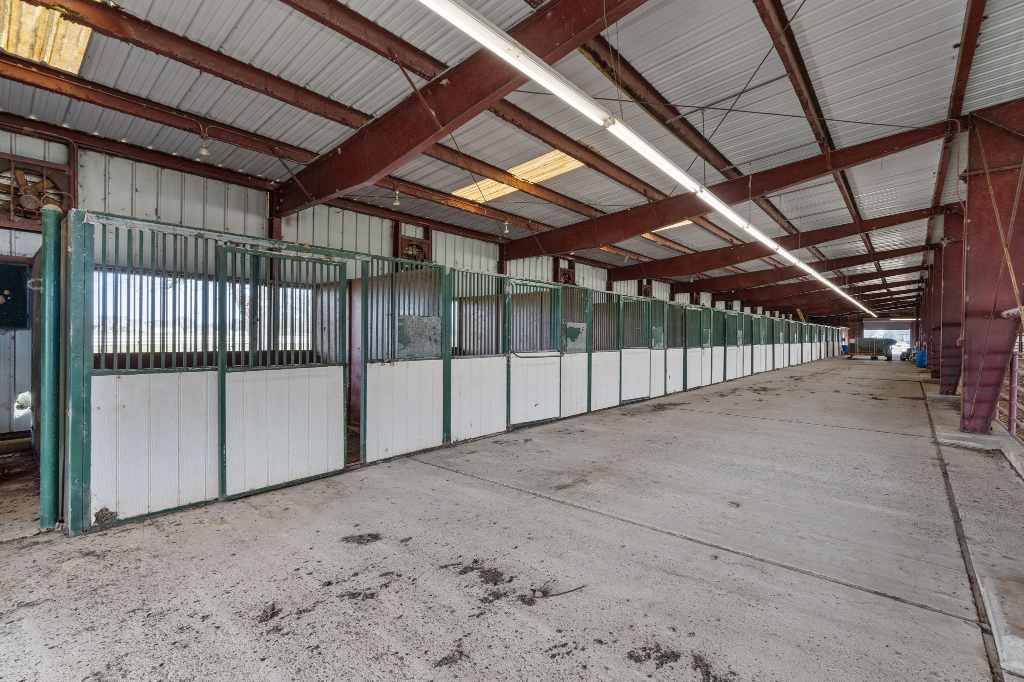 2935 West Fm 1462 Rosharon, TX 77583 - Photo 6 of 50 This well-maintained barn interior is currently used for housing horses, offering a long row of individual stalls designed for daily care and comfort. Solid steel framing and durable stall fronts provide security, while the wide center aisle allows for easy movement of horses, feed, and equipment. Overhead lighting ensures good visibility throughout the space, supporting early mornings and evening routines.