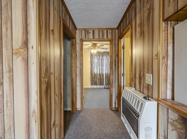 660 Hinton Road Counce, TN 38326 - Photo 33 of 40 Hallway featuring wood-finish wall paneling, carpet flooring, and a wall-mounted heating unit
