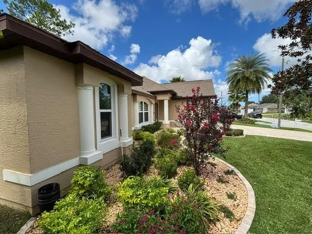 a front view of house with yard and green space