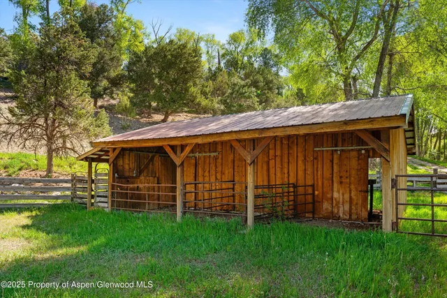 a view of a backyard with wooden fence and a large tree