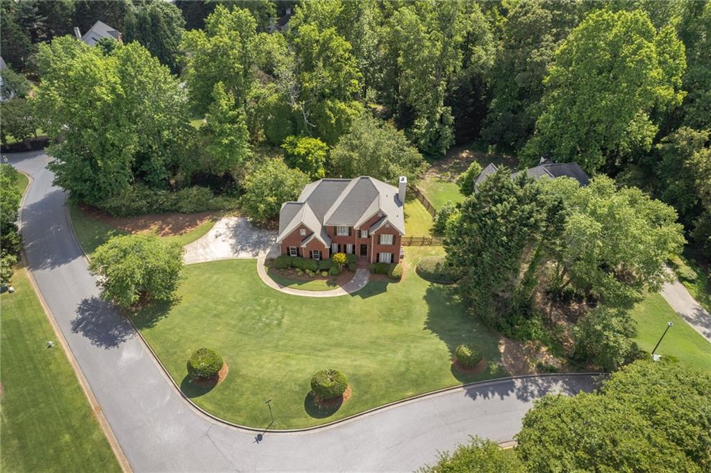 an aerial view of a swimming pool