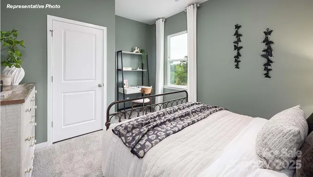 a bedroom with a large bed and a potted plant