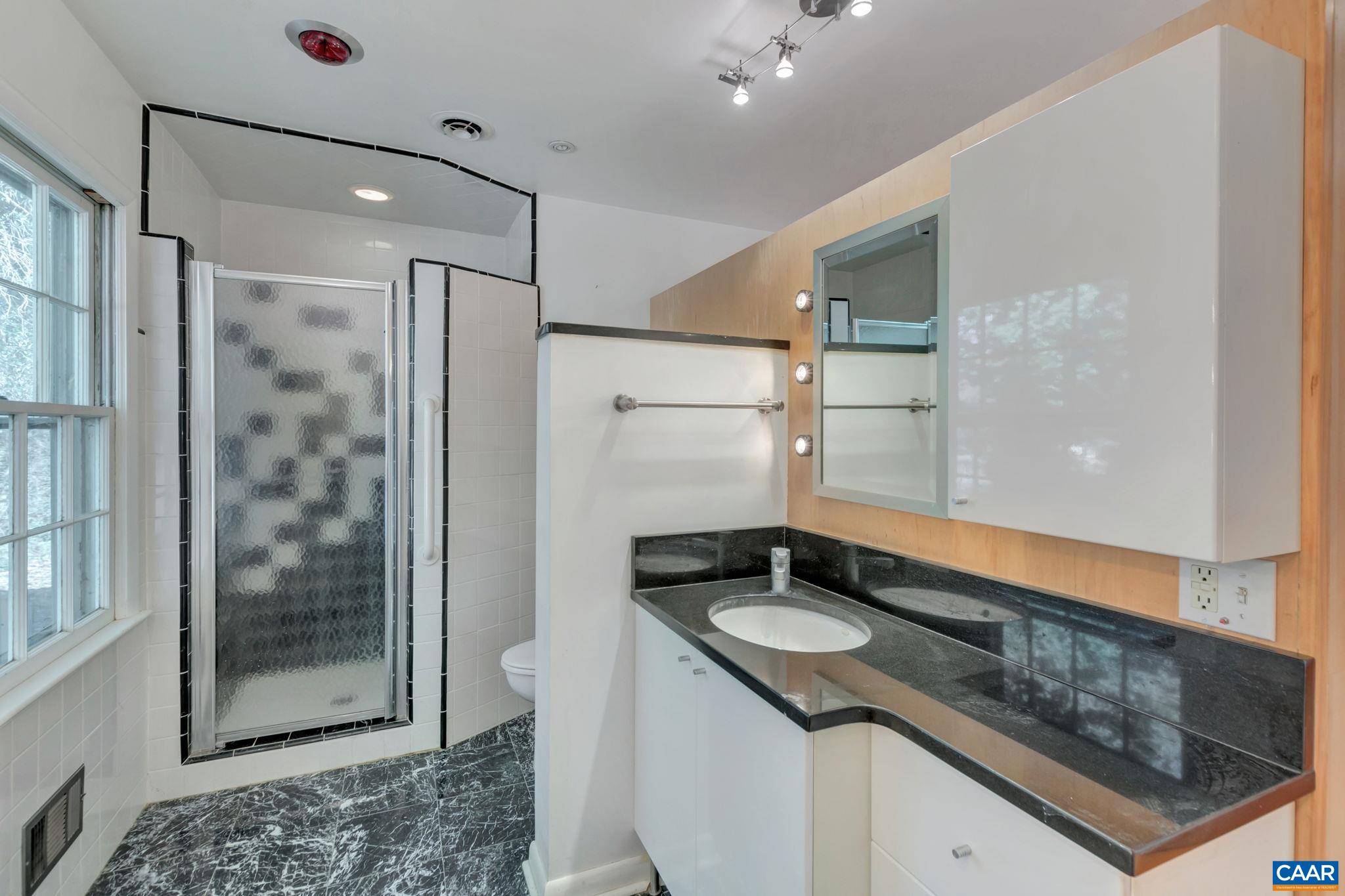 1406 Holly Road Charlottesville, VA 22901 - Photo 41 of 62 a bathroom with a granite countertop sink mirror and shower