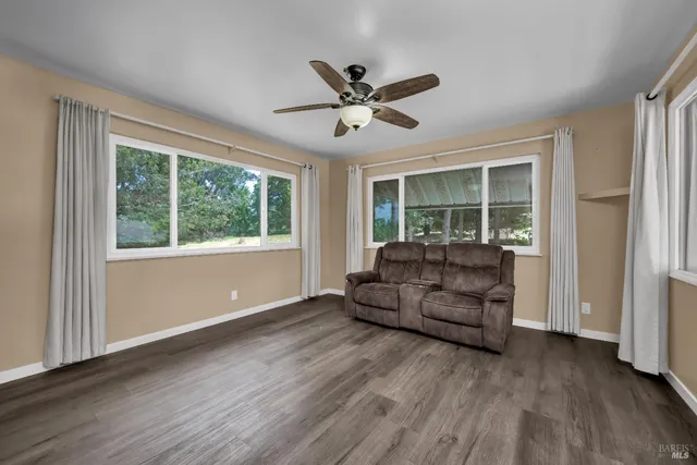 a garden view with a seating space