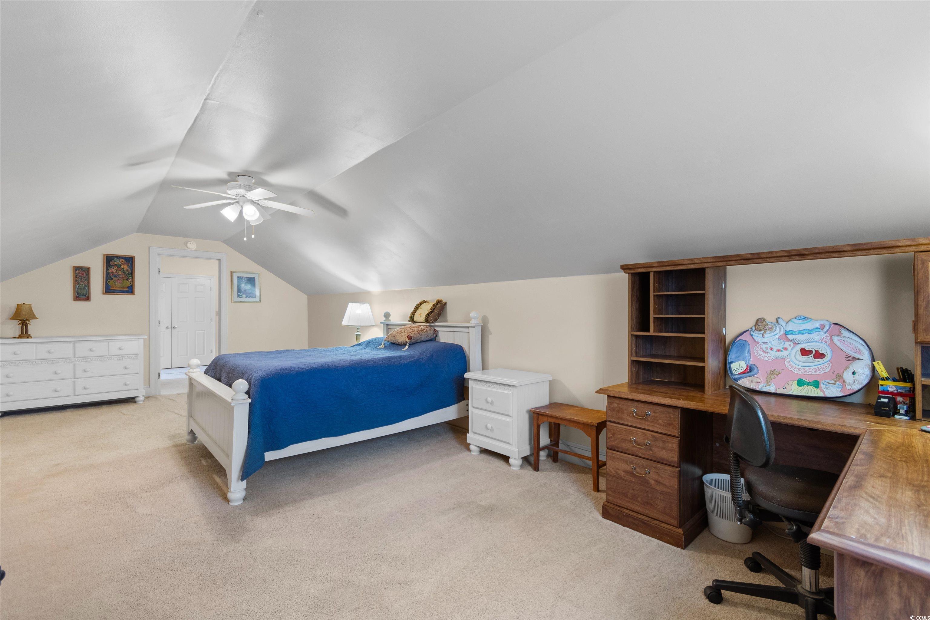 14 Live Oak Lane Georgetown, SC 29440 - Photo 23 of 40 Bedroom with light colored carpet, an office area, ceiling fan, and vaulted ceiling