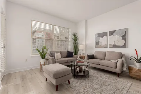 a living room with furniture and a potted plant