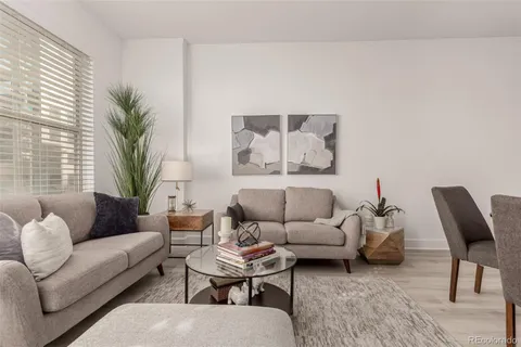 a living room with furniture and a potted plant