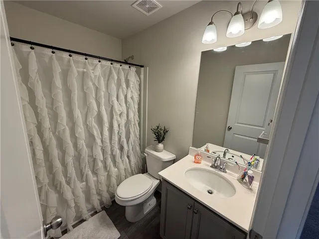 a bathroom with a sink a toilet and shower curtain