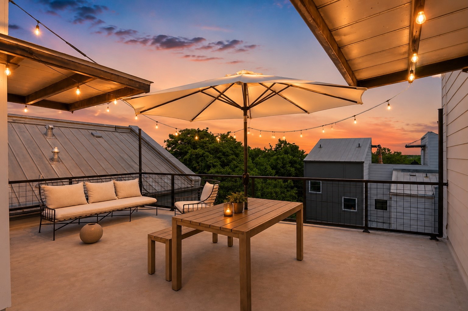 1500 Summit Street, Unit 5 Austin, TX 78741 - Photo 3 of 34 Expansive rooftop patio featuring a concrete surface, black metal railing, string lighting, and an overhead awning