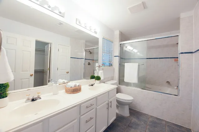 a bathroom with a double vanity sink toilet and shower