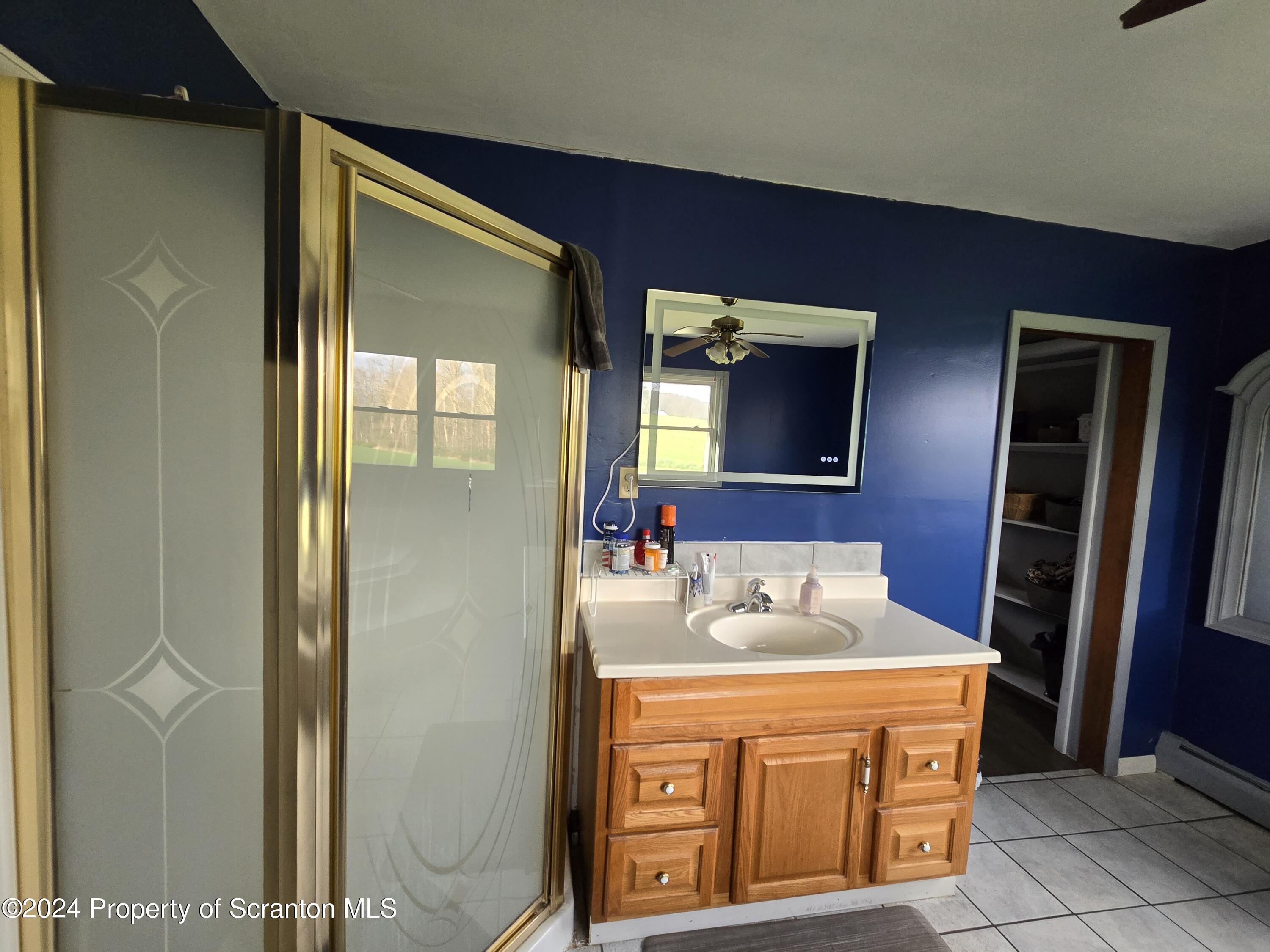 6736 Kingsley Road Kingsley, PA 18826 - Photo 22 of 42 a bathroom with a sink a mirror and a shower